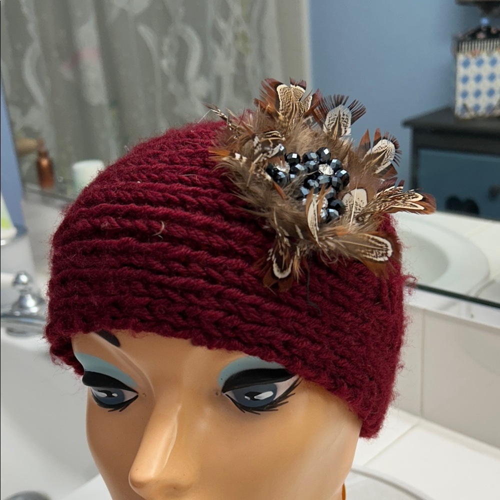 Chic Maroon Knit Headband with Feather Detail